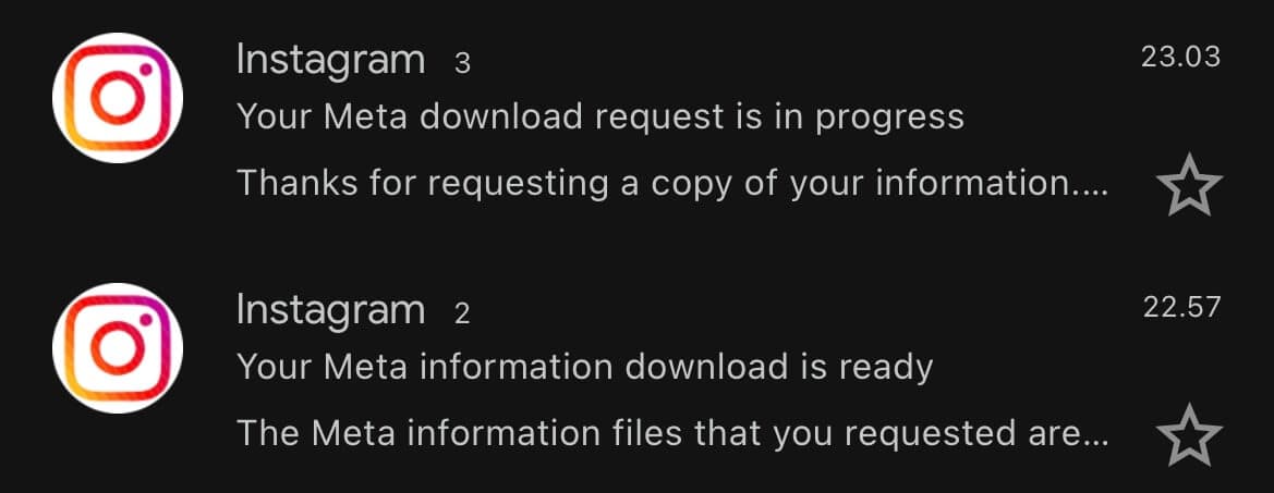 Email Instagram yang memberi tahu bahwa unduhan data siap